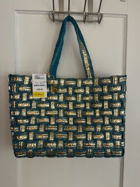 Big Buddha Teal and Gold Woven Tote